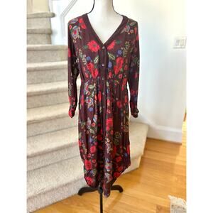 Blank London Anthropologie Burgundy Floral Button Front Shirt Dress
